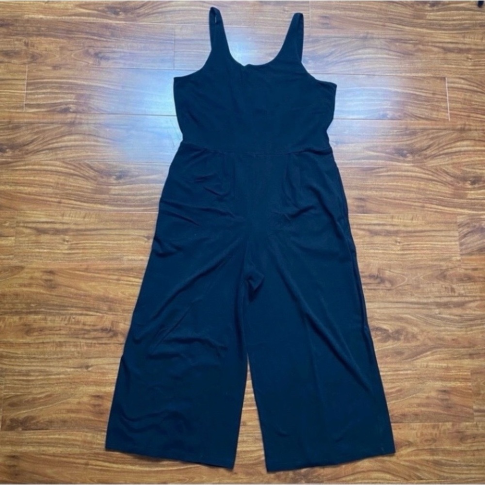 Eileen Fisher Women Black Scoop Neck Tank Soft Stretch Wide Leg Crop Jumpsuit LP